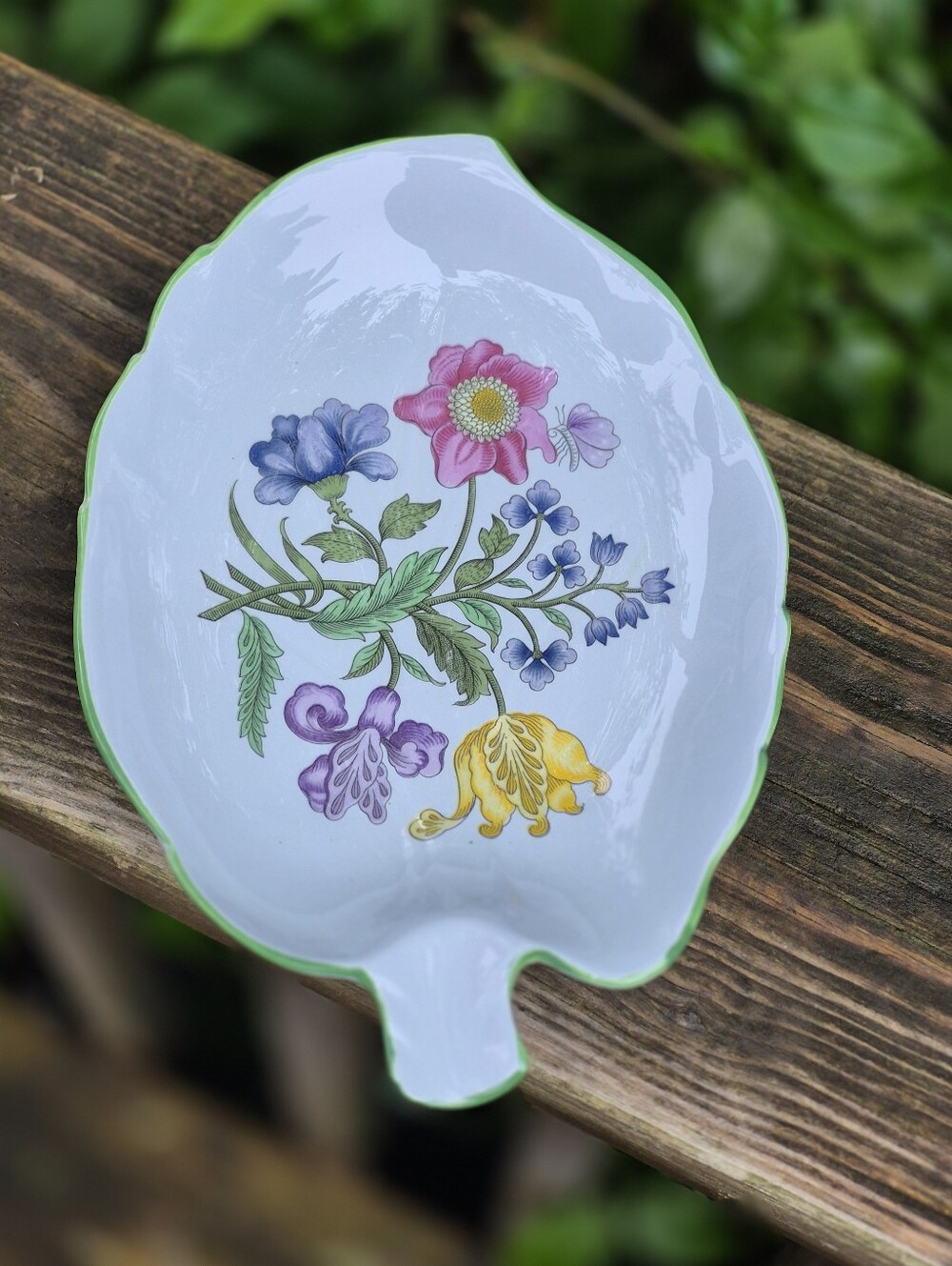 Spode Summer Palace Vintage Floral Porcelain Leaf Dish with Green Rim